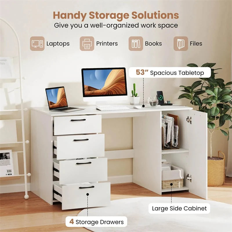 53" Computer Desk with 4 Storage Drawers & Cabinet, Home Office Desk w/ Charging Station - Product image 6