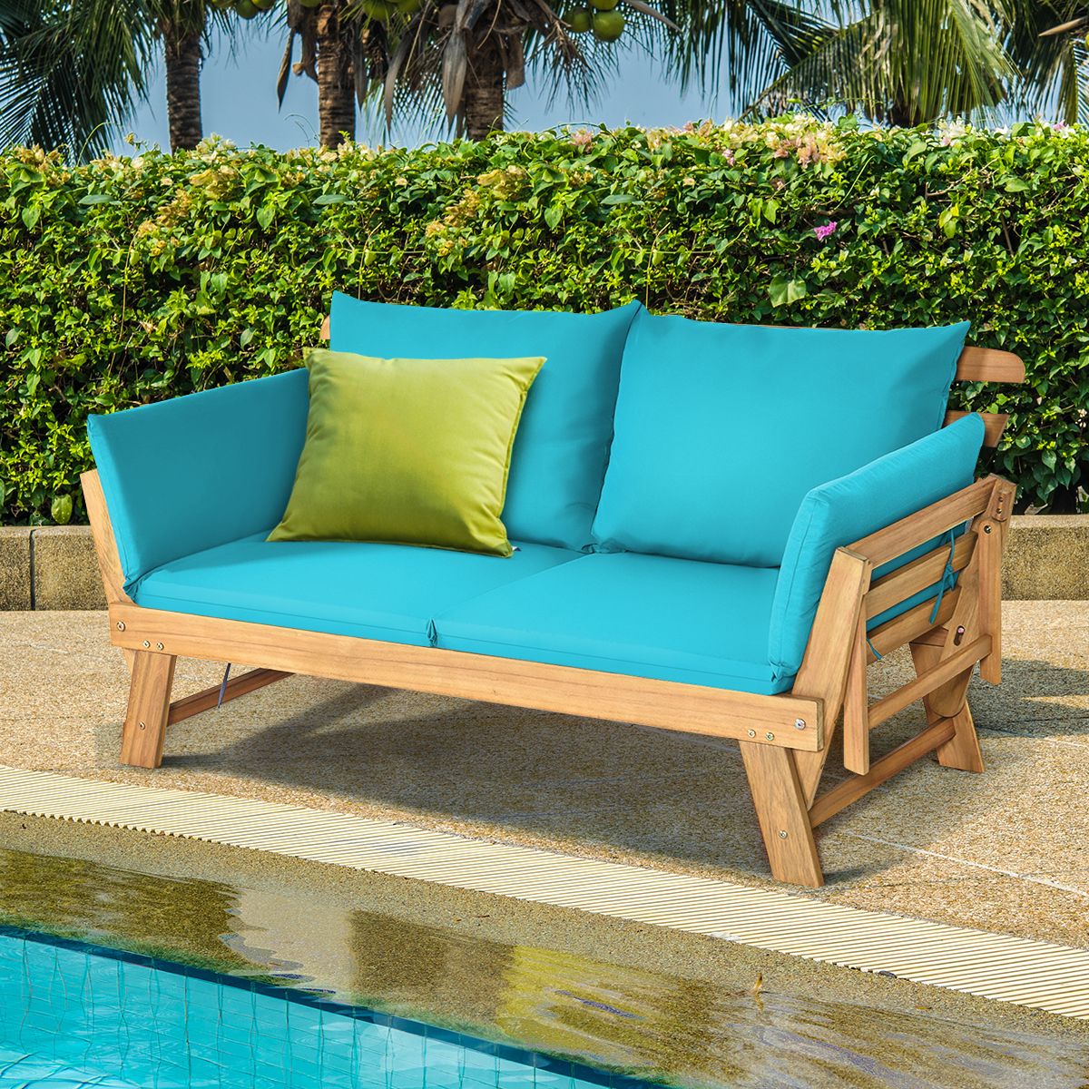 Convertible Deck Chair with Cushion 2 in 1 Acacia Wood Garden Sofa with Adjustable Armrest for Patio Swimming Pool Garden White/Grey/Blue/Red -