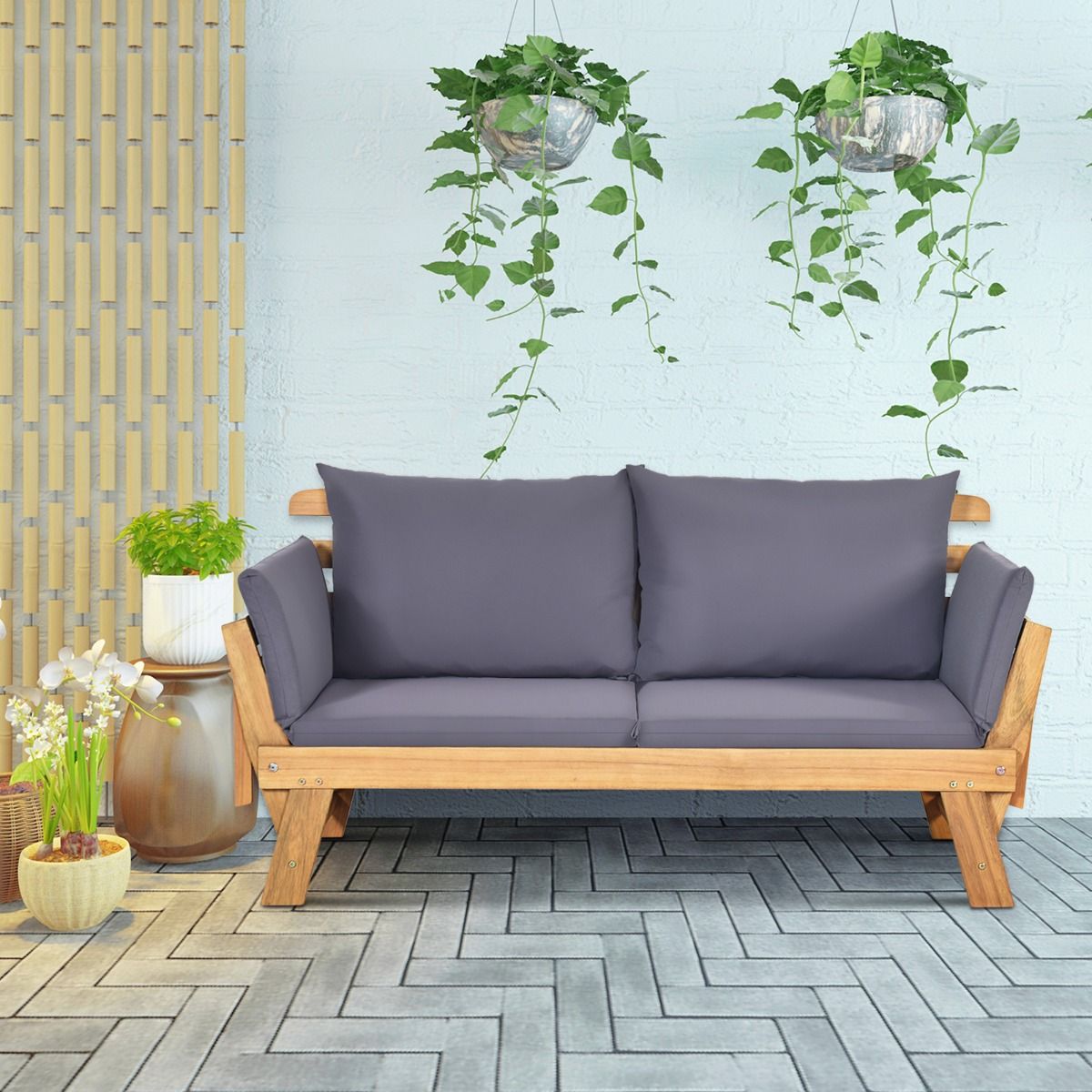 Convertible Deck Chair with Cushion 2 in 1 Acacia Wood Garden Sofa with Adjustable Armrest for Patio Swimming Pool Garden White/Grey/Blue/Red -