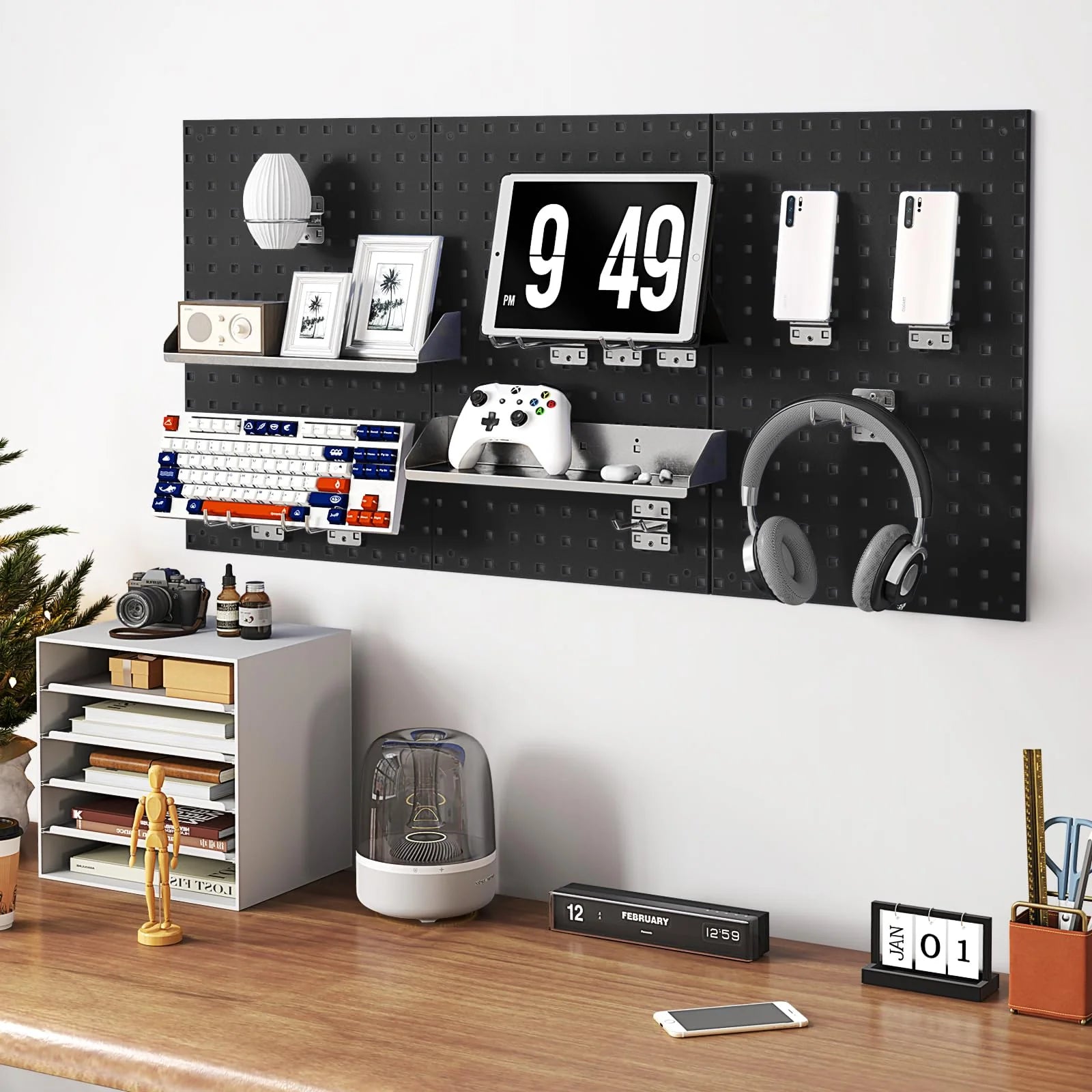 3 Pcs Metal Pegboard Panels w/25 Hooks, Storage Platform & Square Hole, Heavy Duty Pegboard Wall Organizer - Product image 4