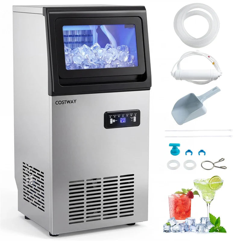 110 LBS/24H Commercial Ice Maker, Stainless Steel Ice Machine with 25 LBS Storage, 36 Cubes in 13 Mins