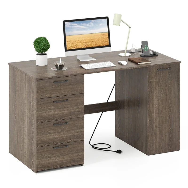 53" Computer Desk with 4 Storage Drawers & Cabinet, Home Office Desk w/ Charging Station - Product image 11