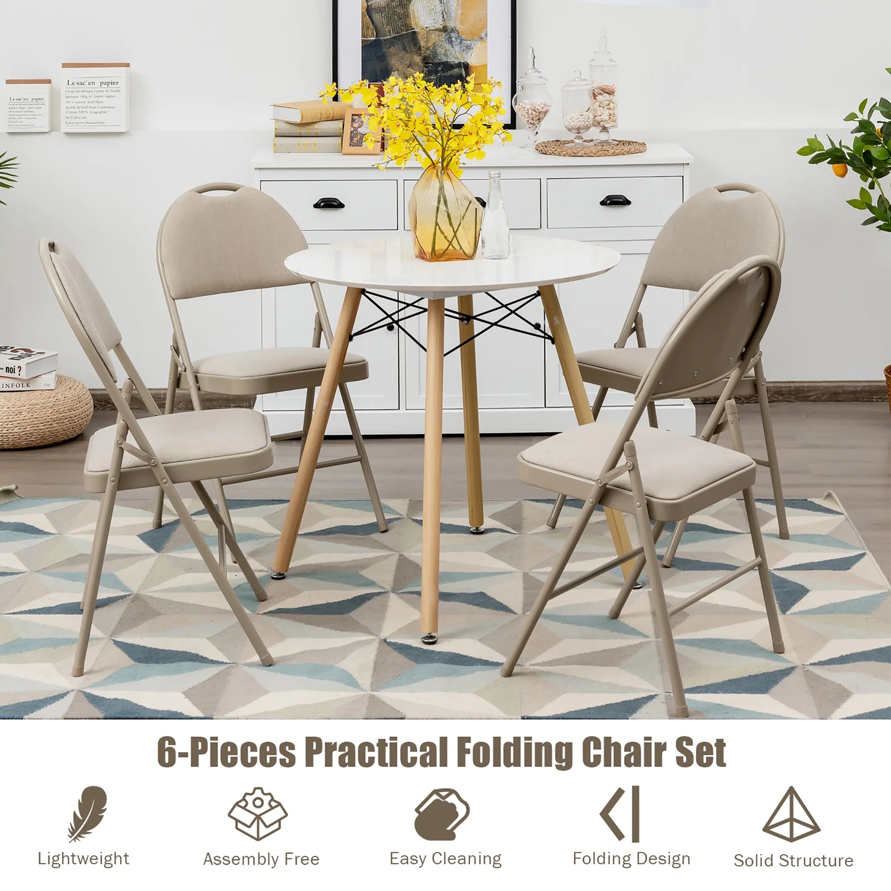 Costway Set of 6 Folding Chairs Fabric Upholstered Padded Seat Metal Frame Home Office Beige - Product image 7