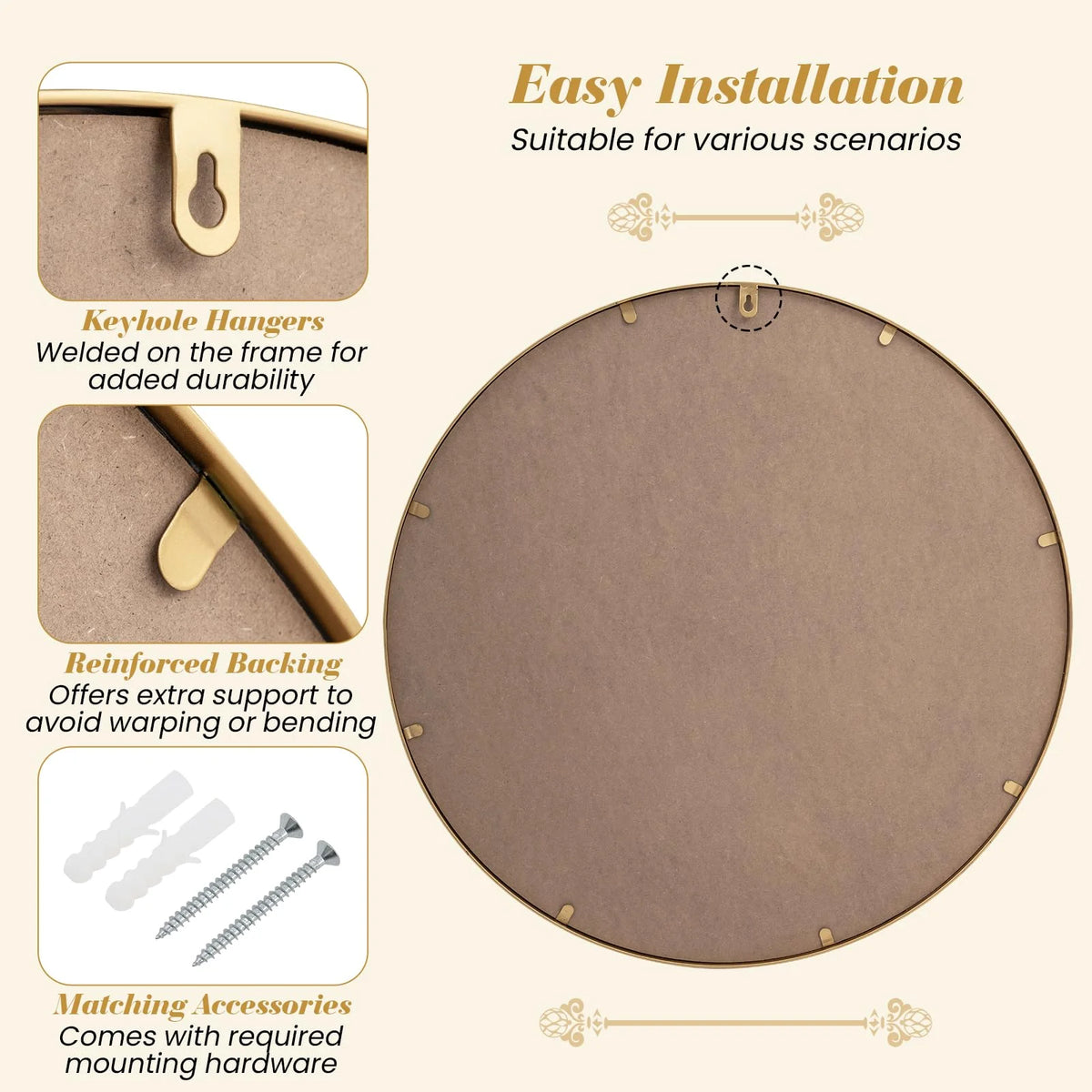 Tangkula 28" Gold Round Wall Mirror - Circle Decorative Modern with Beaded Frame for Living Room - Product image 6