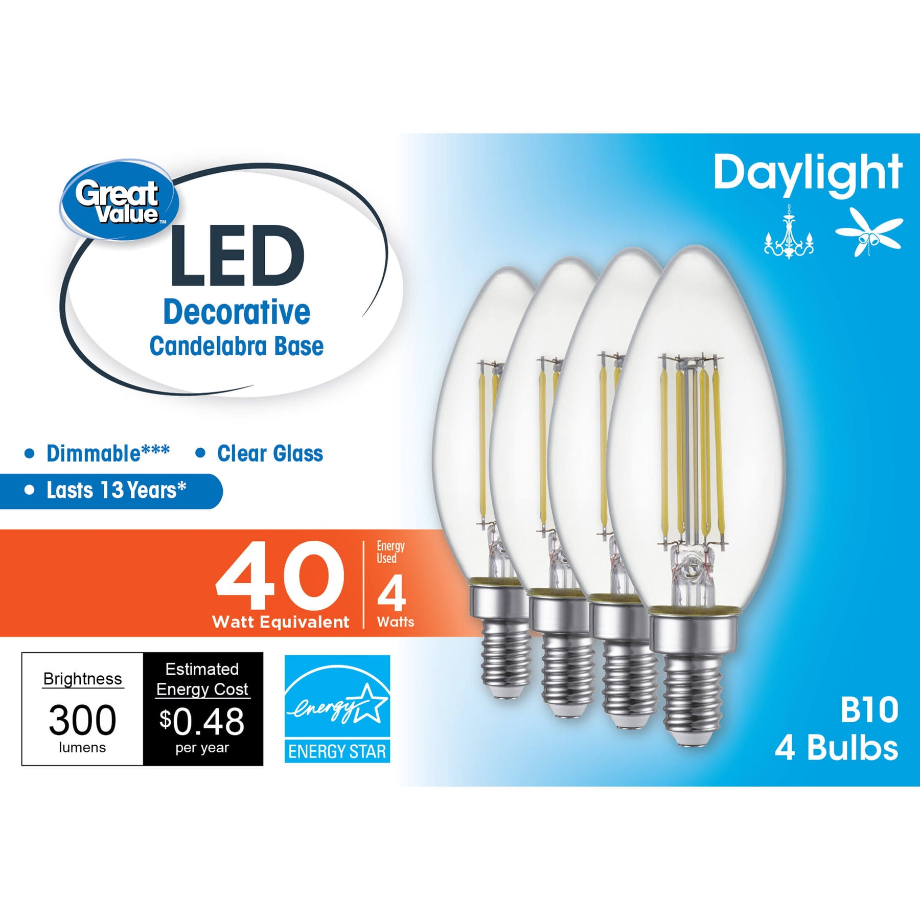 Great Value LED Light Bulb, 4 Watts (40w Equivalent) B10 Deco Lamp E12 Candelabra Base, Dimmable, Daylight - Product image 1