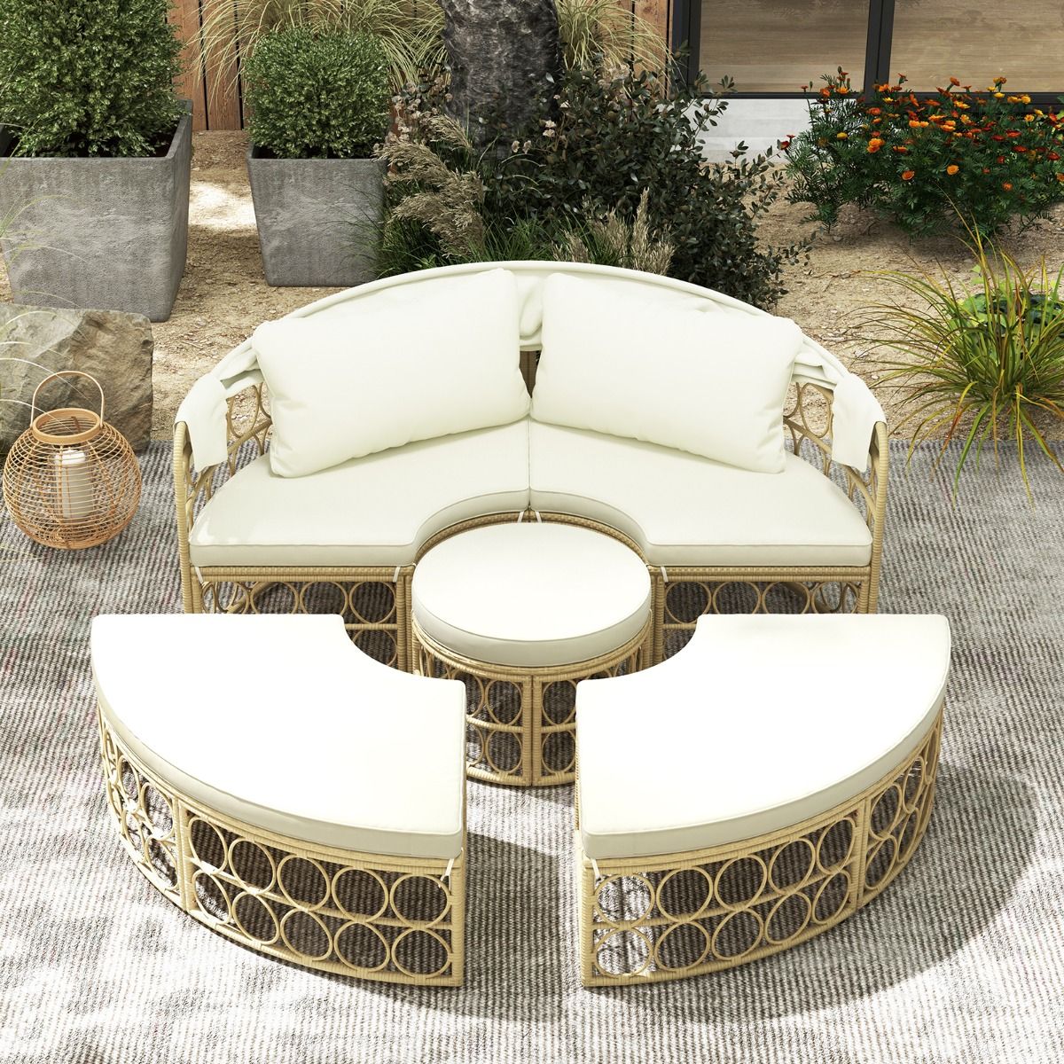 Round Patio Daybed with Retractable Canopy PE Rattan Separate Sectional Seating Set with Soft Cushions White -