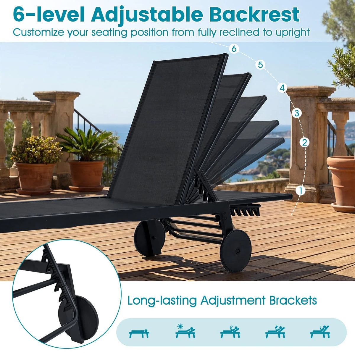 Tangkula Lounge Chair Outdoor with Wheels, Patio Chaise Lounge with 6-Level Adjustable Backrest(2, Black) - Product image 5