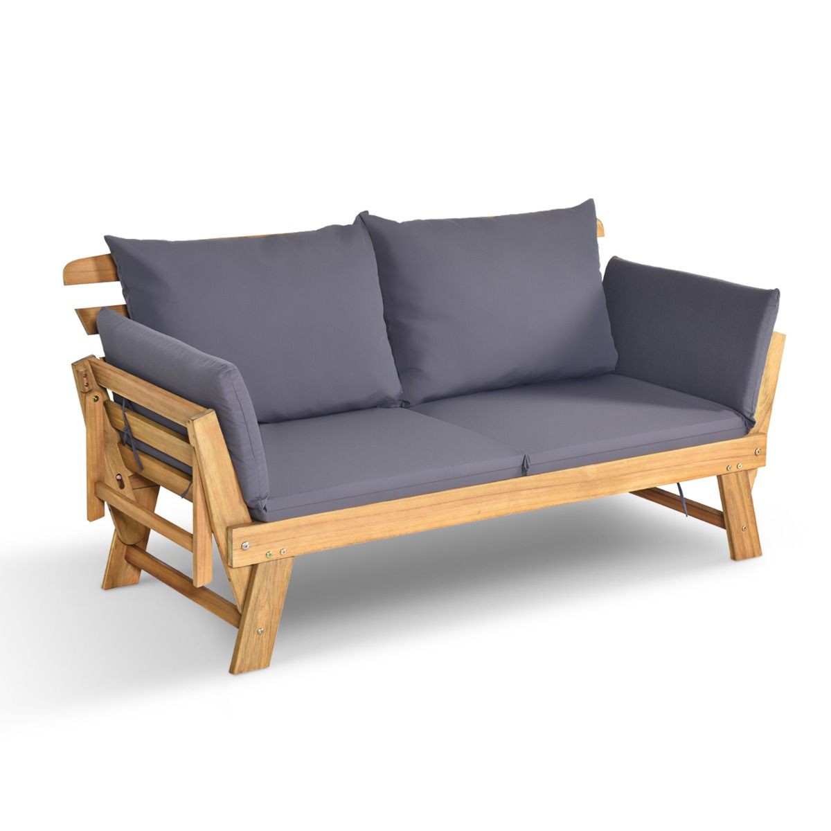 Convertible Deck Chair with Cushion 2 in 1 Acacia Wood Garden Sofa with Adjustable Armrest for Patio Swimming Pool Garden White/Grey/Blue/Red -