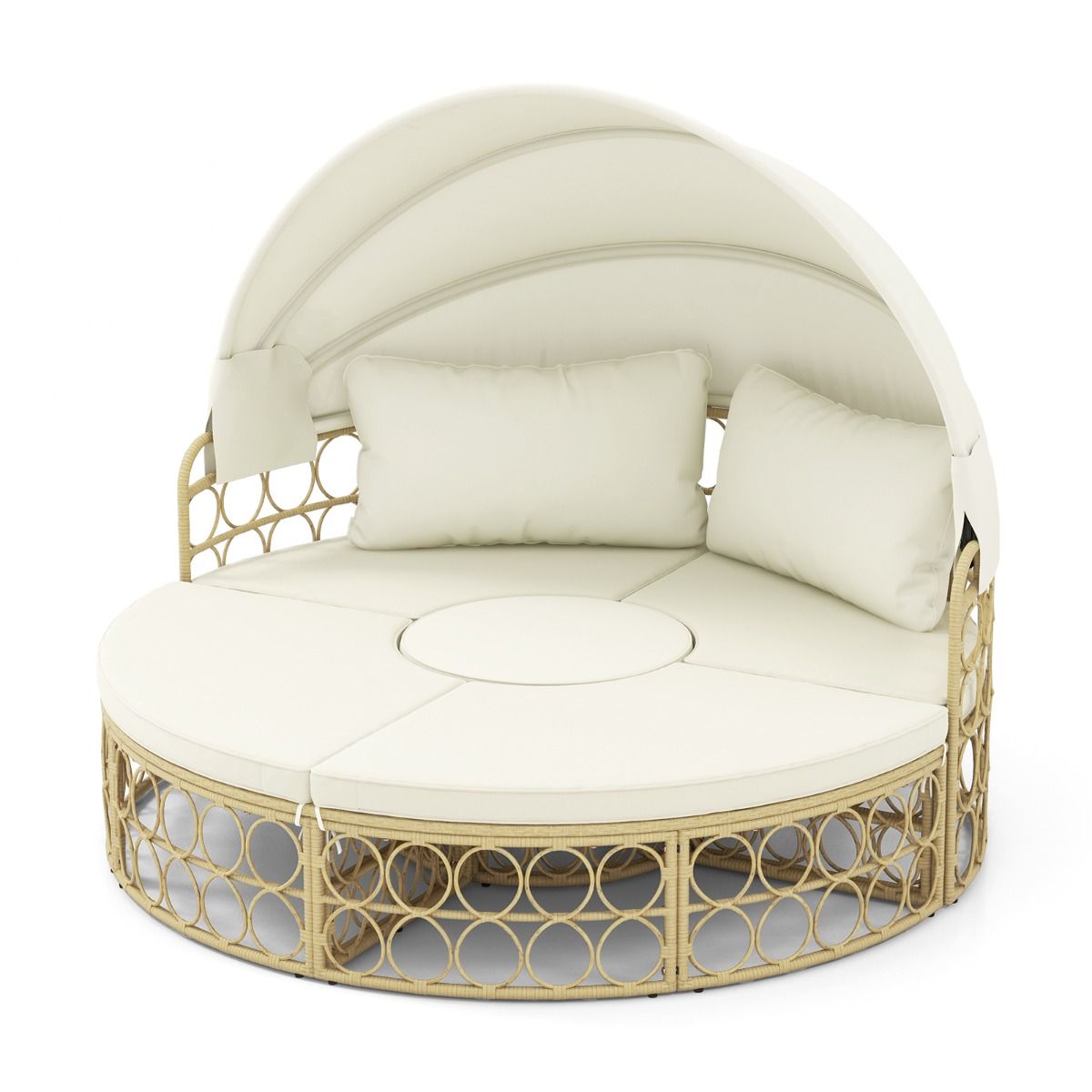 Round Patio Daybed with Retractable Canopy PE Rattan Separate Sectional Seating Set with Soft Cushions White -