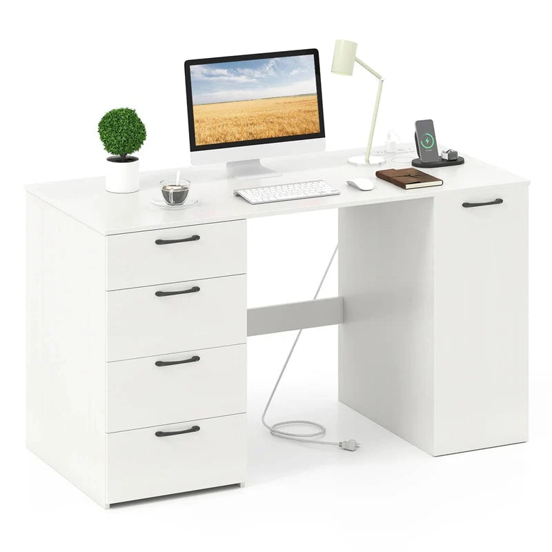 53" Computer Desk with 4 Storage Drawers & Cabinet, Home Office Desk w/ Charging Station - Product image 1