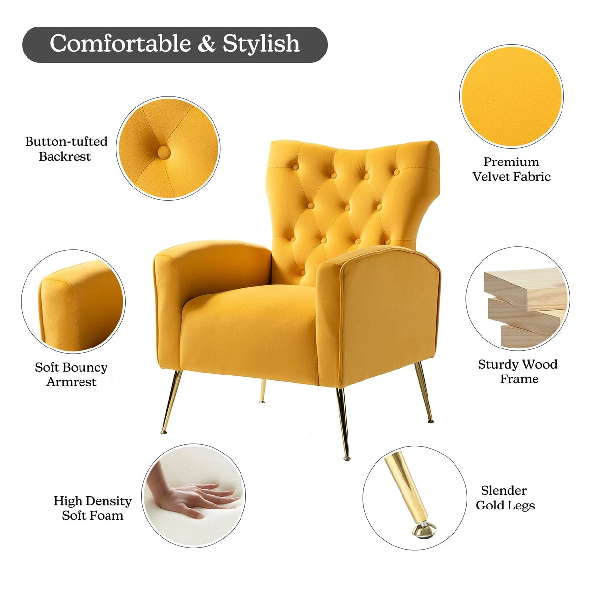 14 Karat Home Fall Home Decor Velvet Accent Chair Button Tufted Metal Legs Adult Living Room Mustard - Product image 6