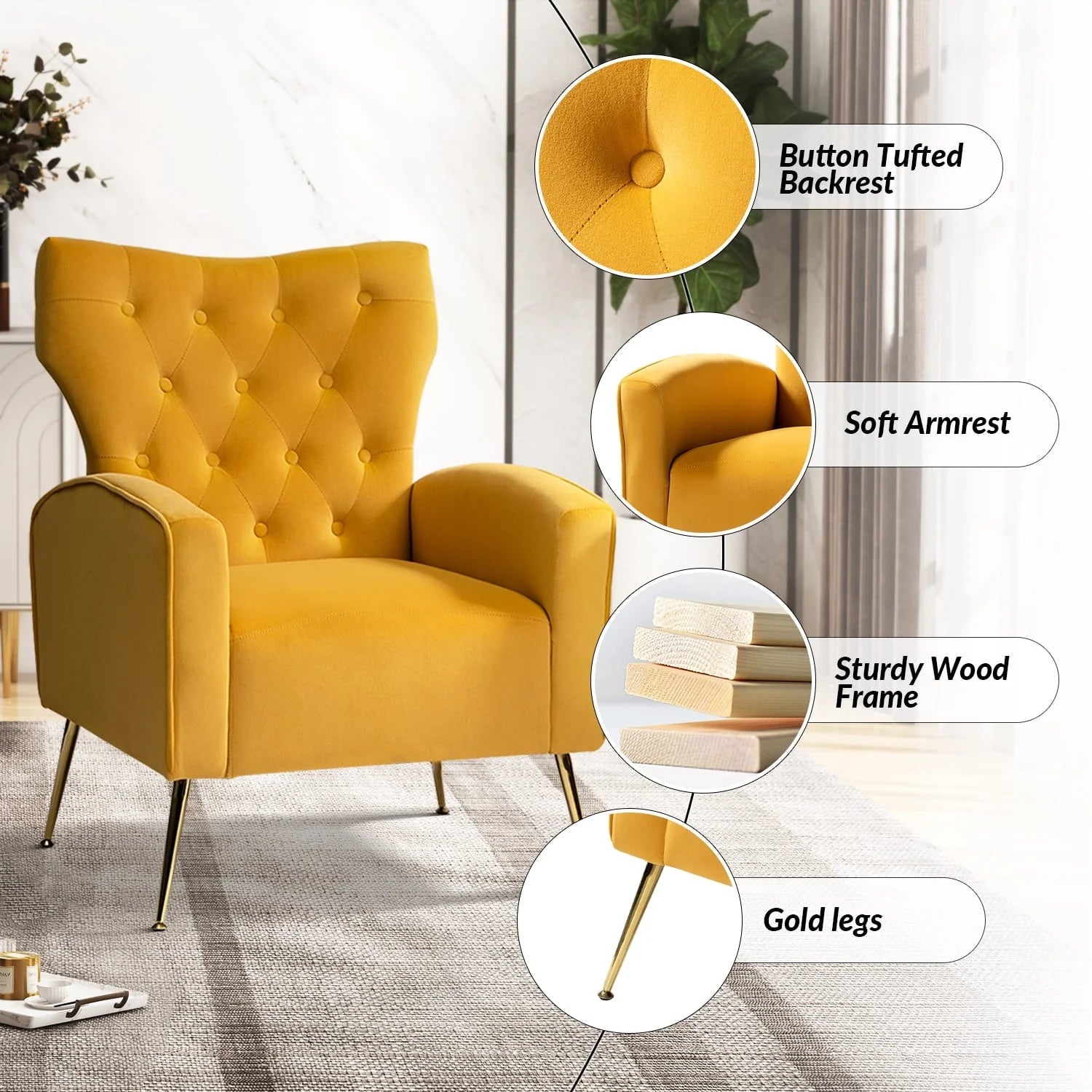 14 Karat Home Fall Home Decor Velvet Accent Chair Button Tufted Metal Legs Adult Living Room Mustard - Product image 5