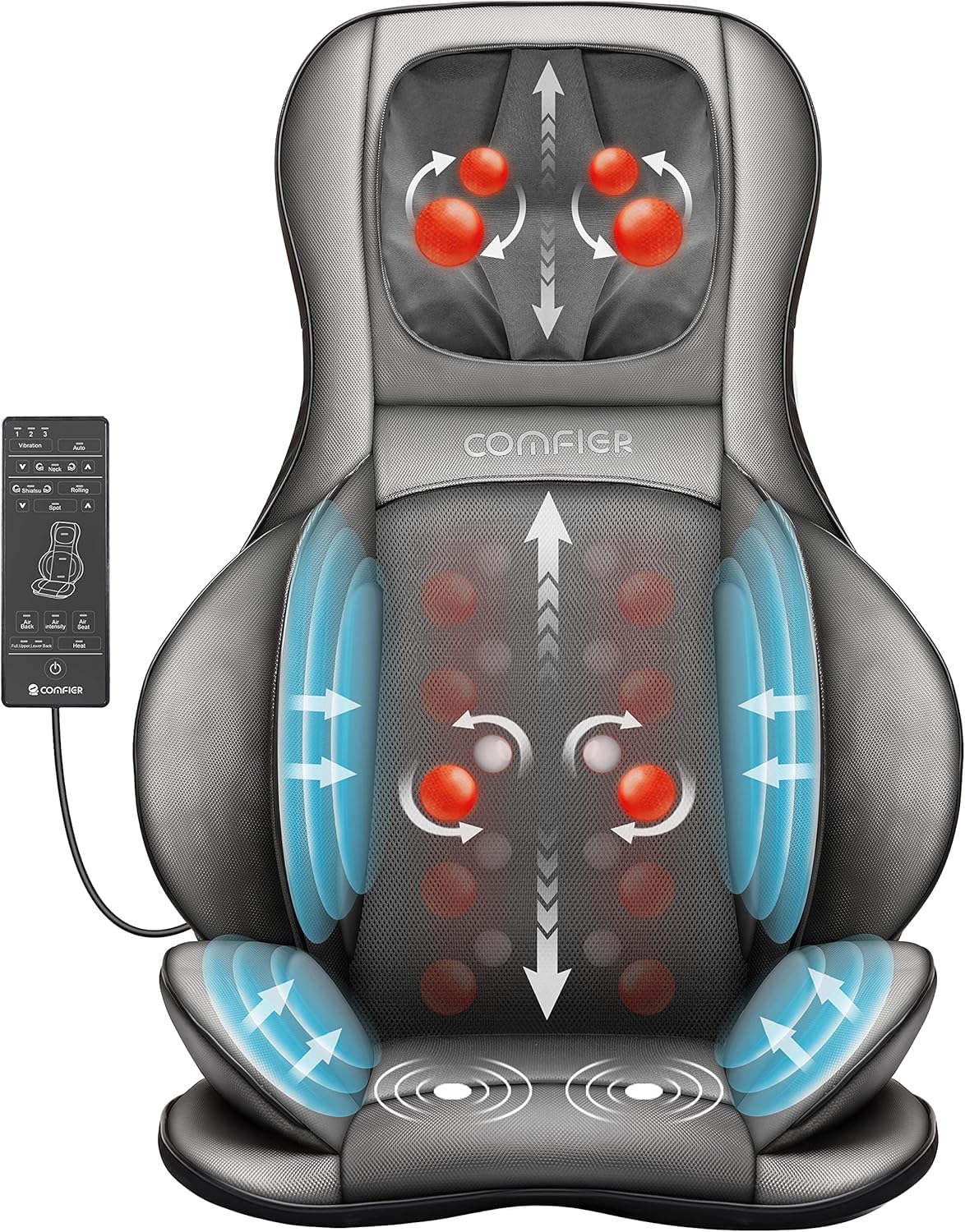 COMFIER Shiatsu Massage Seat with Compression and Rolling - Back Massager with Heat, Kneading Massage Chair for Back, Neck and Shoulders, Gift for Dad Mom Women Men