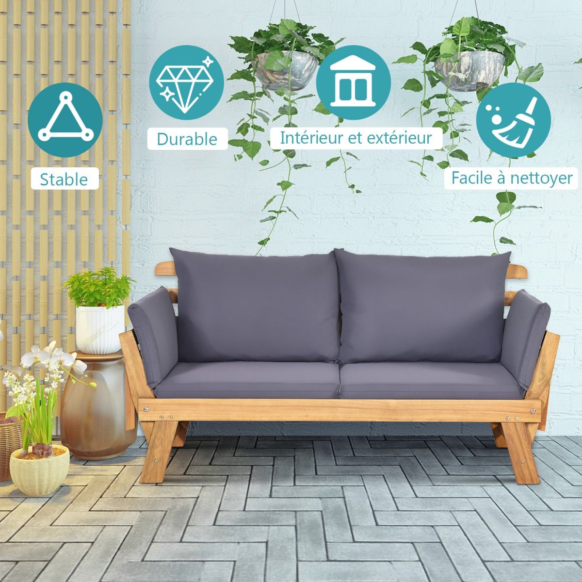 Convertible Deck Chair with Cushion 2 in 1 Acacia Wood Garden Sofa with Adjustable Armrest for Patio Swimming Pool Garden White/Grey/Blue/Red -