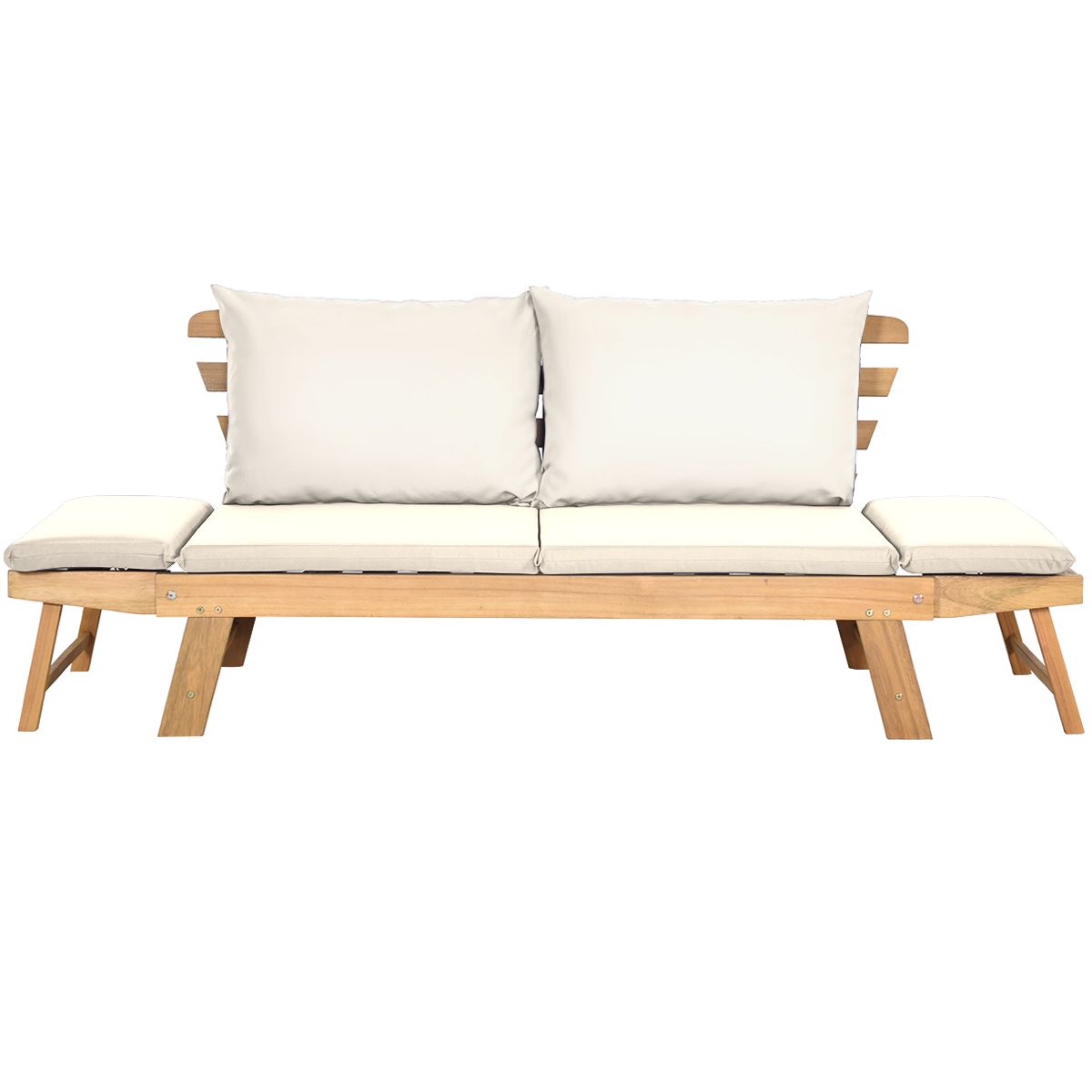 Convertible Deck Chair with Cushion 2 in 1 Acacia Wood Garden Sofa with Adjustable Armrest for Patio Swimming Pool Garden White/Grey/Blue/Red -