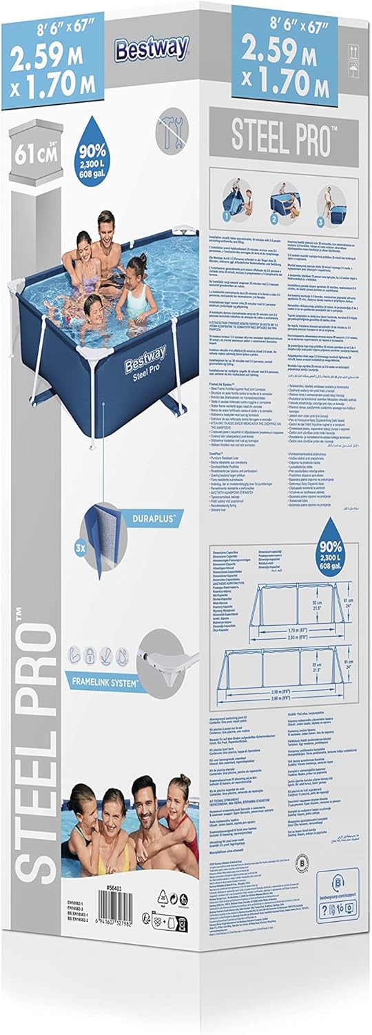 Steel Pro Rectangular Above Ground Swimming Pool 2.59 m x 1.70 m x 61 cm, Blue