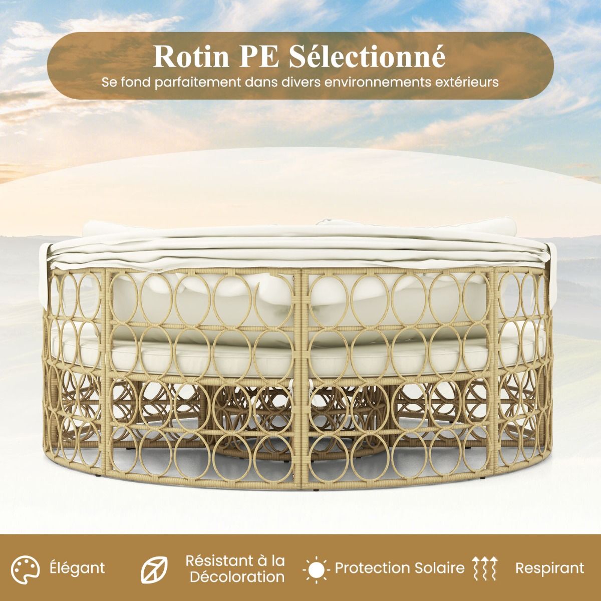 Round Patio Daybed with Retractable Canopy PE Rattan Separate Sectional Seating Set with Soft Cushions White -