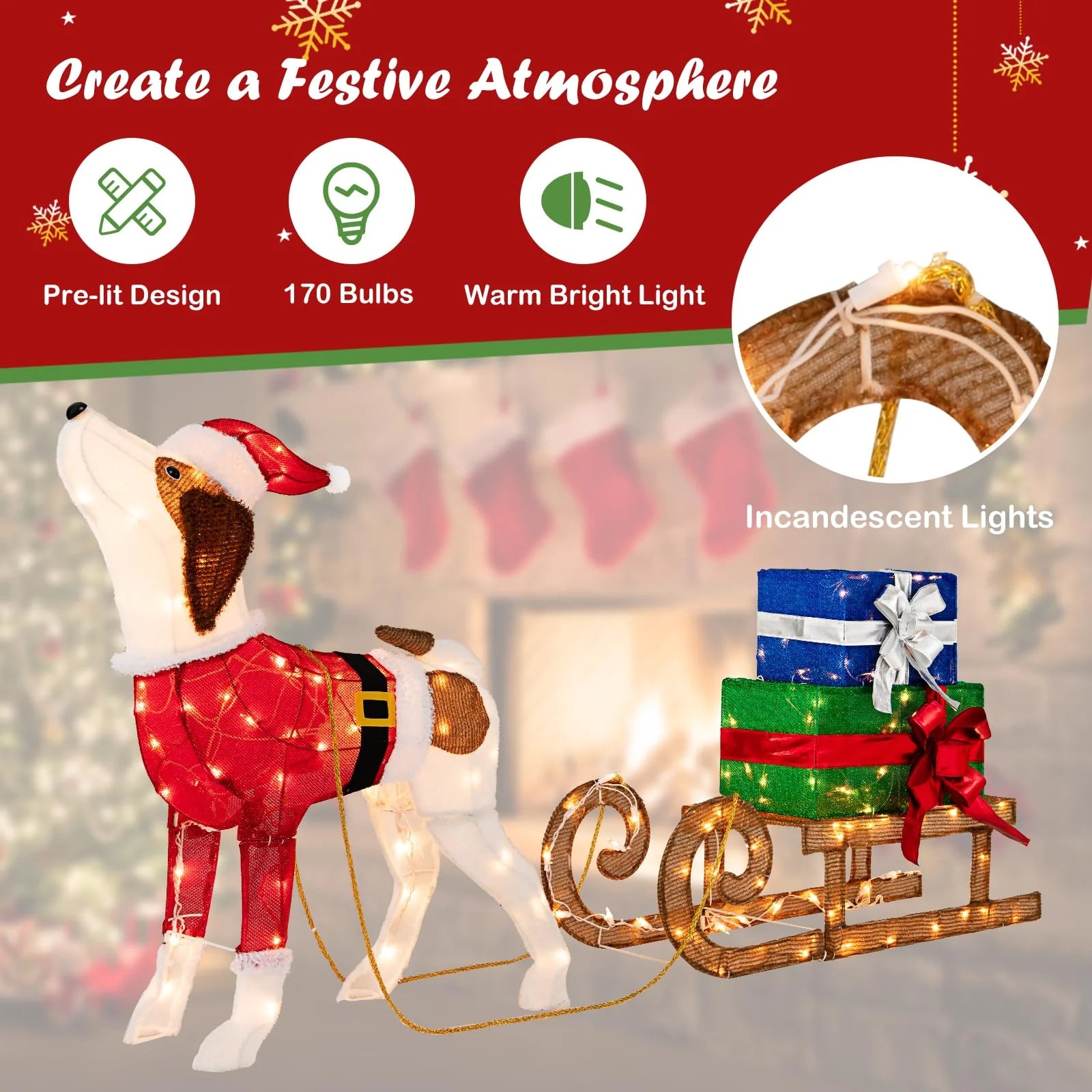 Tangkula Lighted Christmas Dog with Sleigh & Gift Boxes Combo Decorations - Product image 6