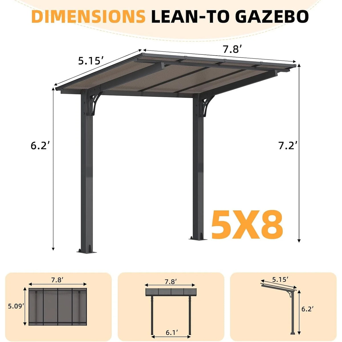 AECOJOY 8' x 5' Gazebo Outdoor Pergola for Patio, Freestanding Lean to Hard Top Grill Gazebo - Product image 3