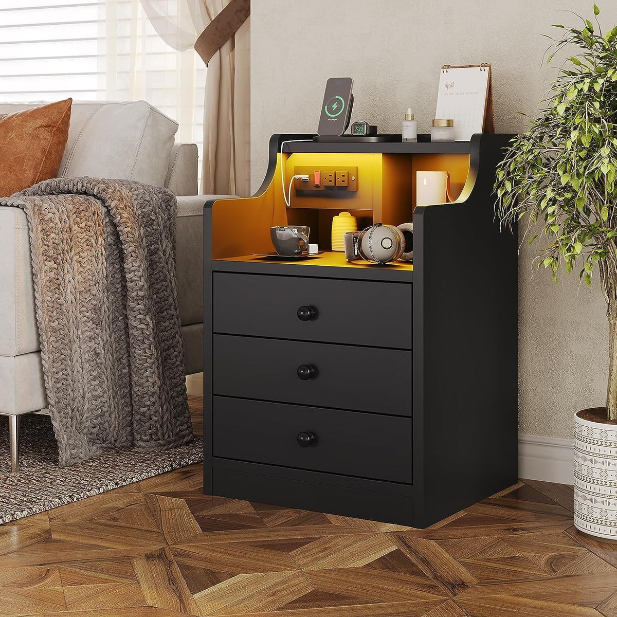 Nightstand with 3 Drawers and Shelves, Night Stand with LED Lights and USB Port Charging Station - Product image 8