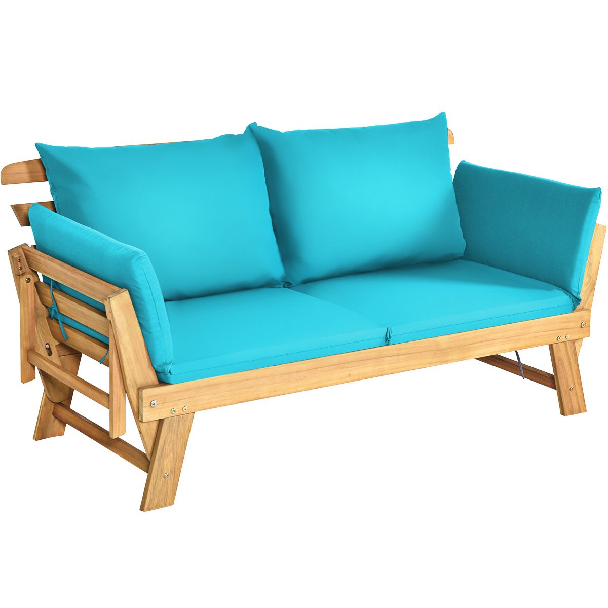 Convertible Deck Chair with Cushion 2 in 1 Acacia Wood Garden Sofa with Adjustable Armrest for Patio Swimming Pool Garden White/Grey/Blue/Red -