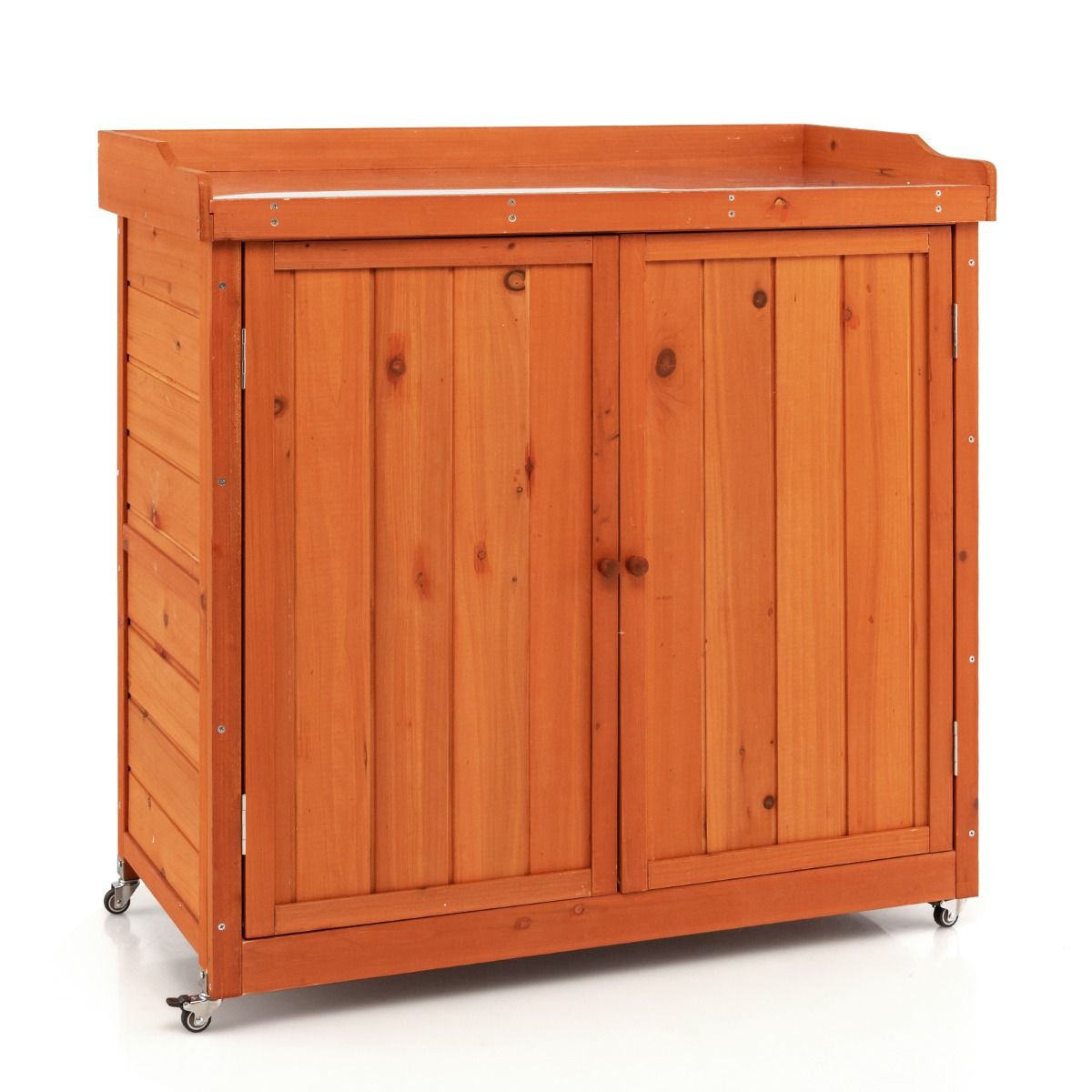 Costwy Garden Storage Wooden Cabinet Gardening Table with Removable Shelf 4 Universal Wheels Galvanized Steel Top -