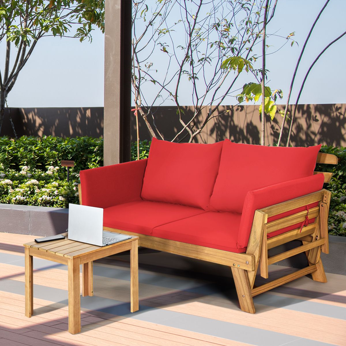 Convertible Deck Chair with Cushion 2 in 1 Acacia Wood Garden Sofa with Adjustable Armrest for Patio Swimming Pool Garden White/Grey/Blue/Red -