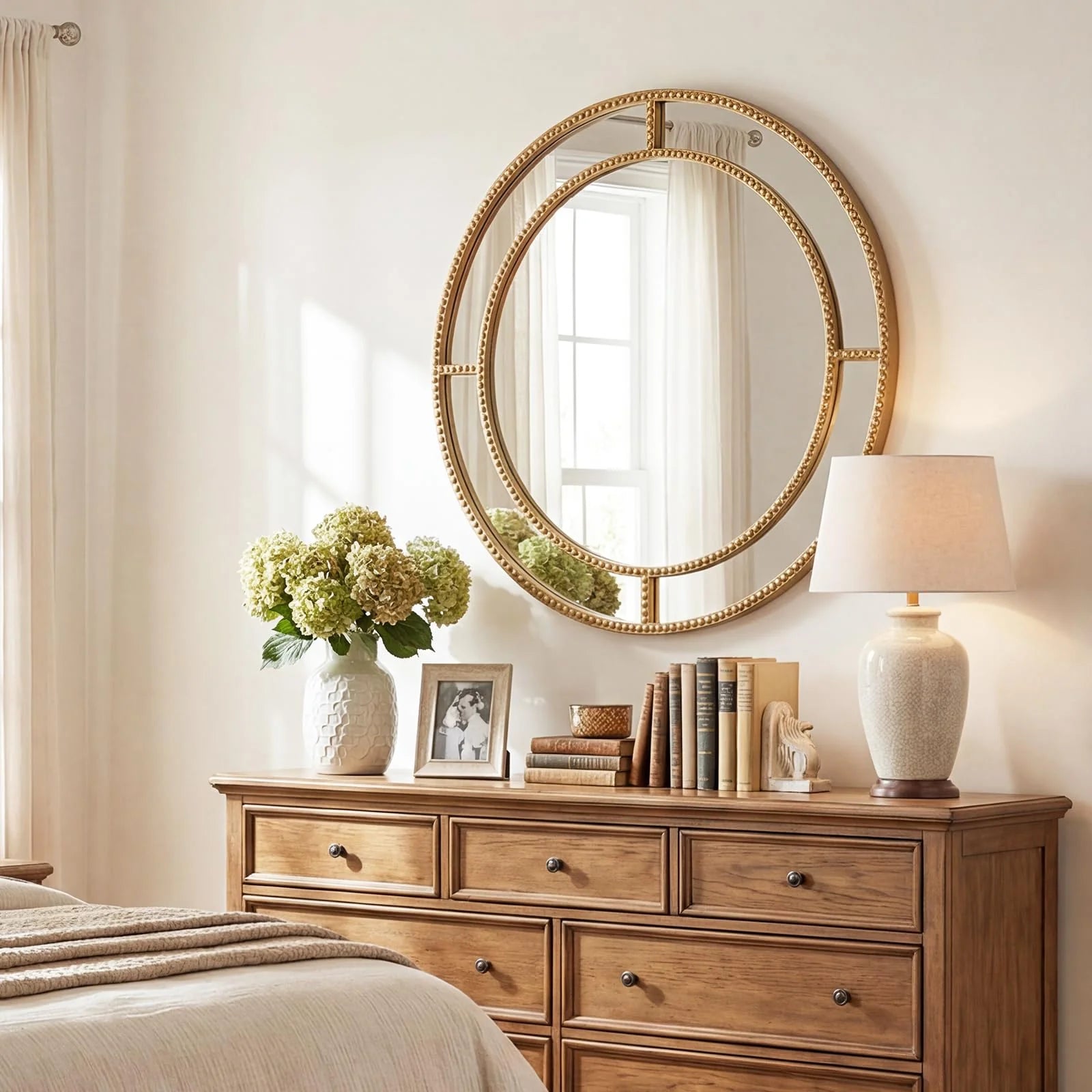 Tangkula 28" Gold Round Wall Mirror - Circle Decorative Modern with Beaded Frame for Living Room - Product image 3