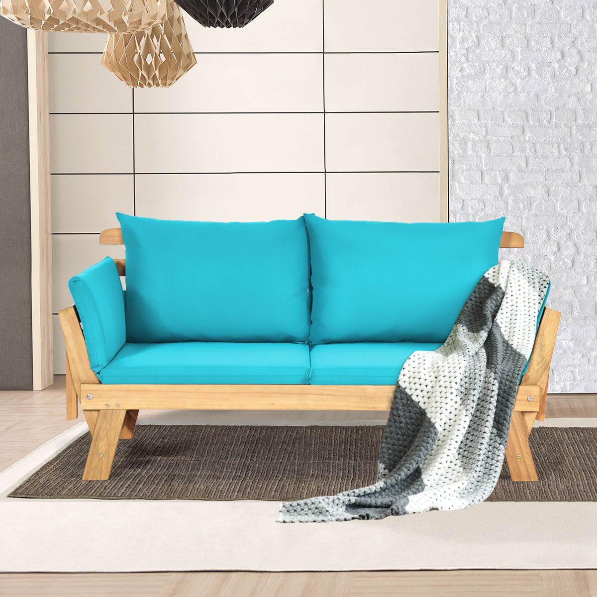 Convertible Deck Chair with Cushion 2 in 1 Acacia Wood Garden Sofa with Adjustable Armrest for Patio Swimming Pool Garden White/Grey/Blue/Red -