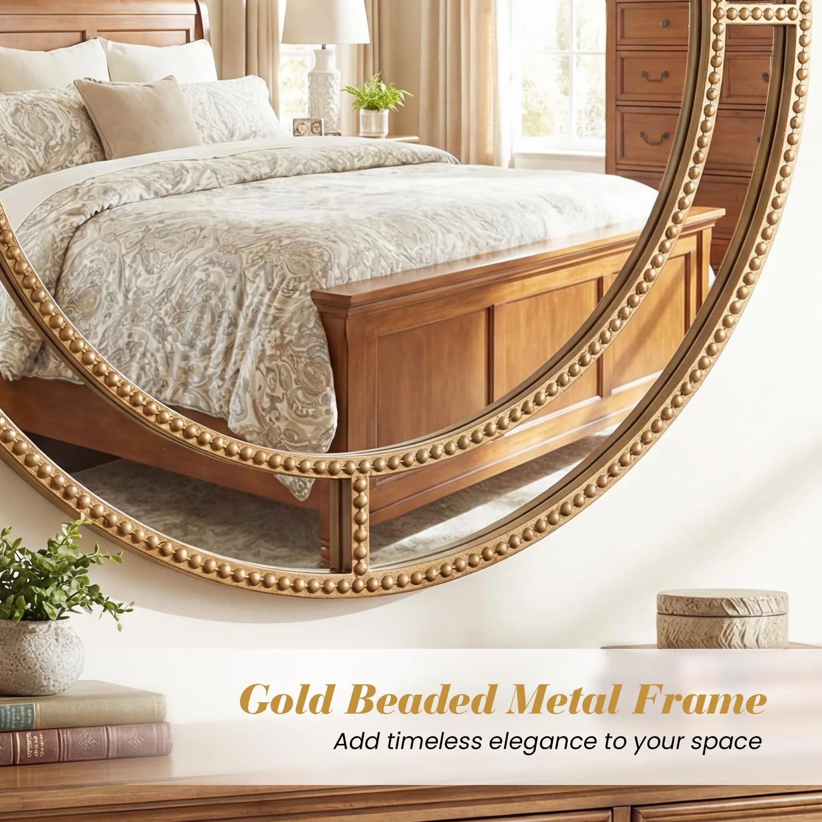Tangkula 28" Gold Round Wall Mirror - Circle Decorative Modern with Beaded Frame for Living Room - Product image 8