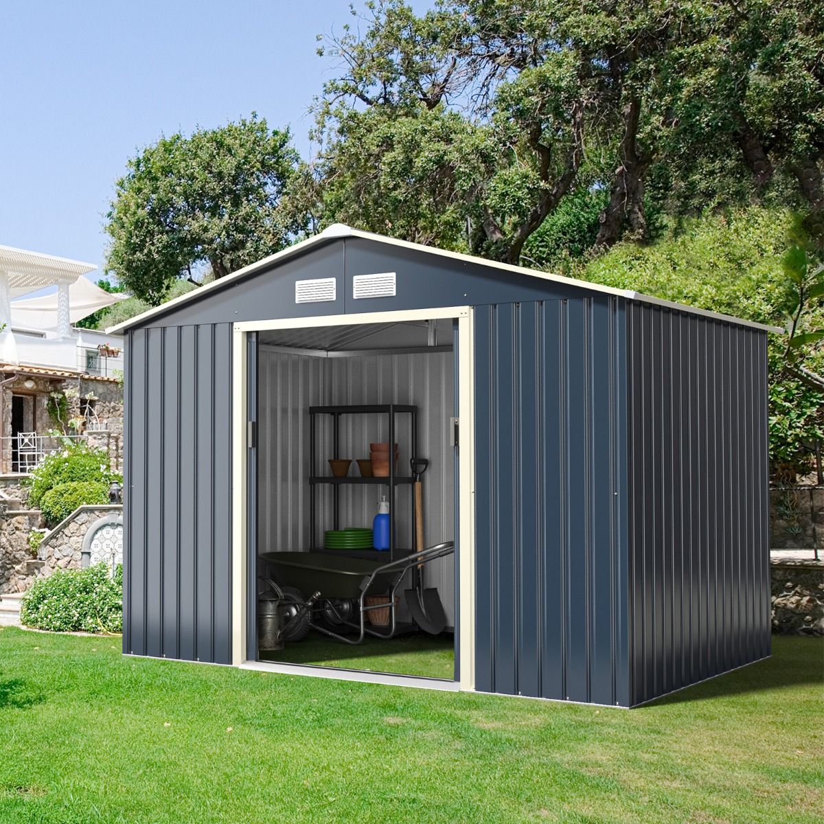 Metal Garden Shed 5.29 77 x 191 x 202 cm with 2 Lockable Sliding Doors 4 Ventilation Holes Gray for Bicycle -