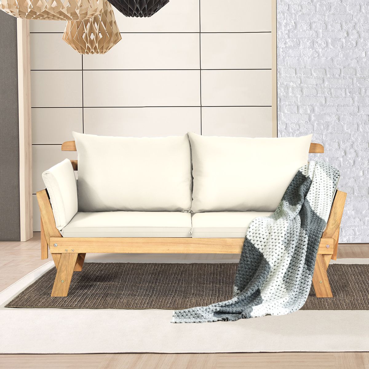 Convertible Deck Chair with Cushion 2 in 1 Acacia Wood Garden Sofa with Adjustable Armrest for Patio Swimming Pool Garden White/Grey/Blue/Red -