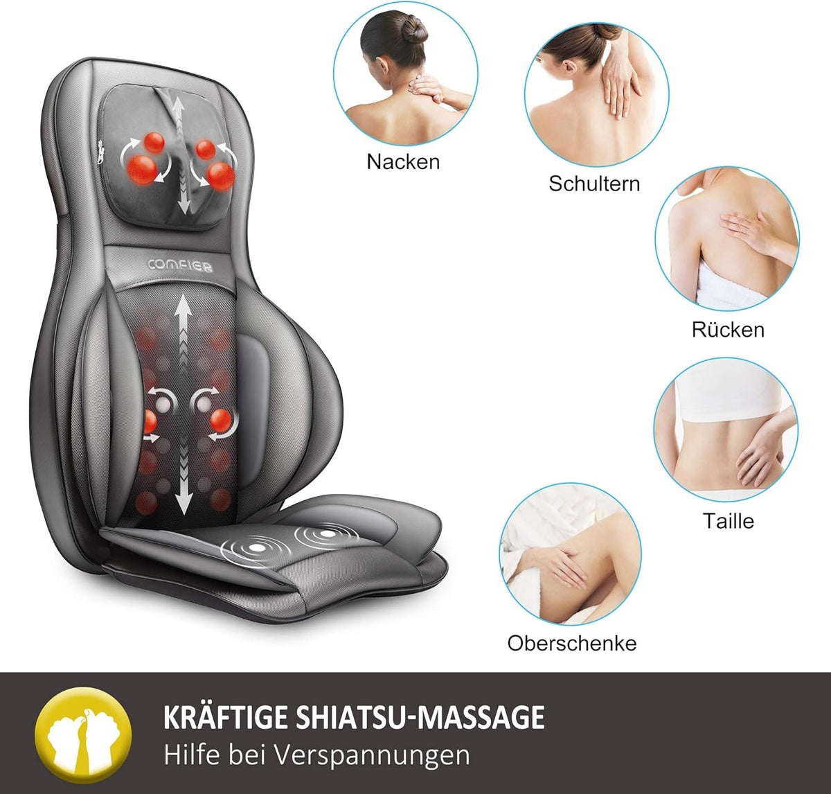 COMFIER Shiatsu Massage Seat with Compression and Rolling - Back Massager with Heat, Kneading Massage Chair for Back, Neck and Shoulders, Gift for Dad Mom Women Men