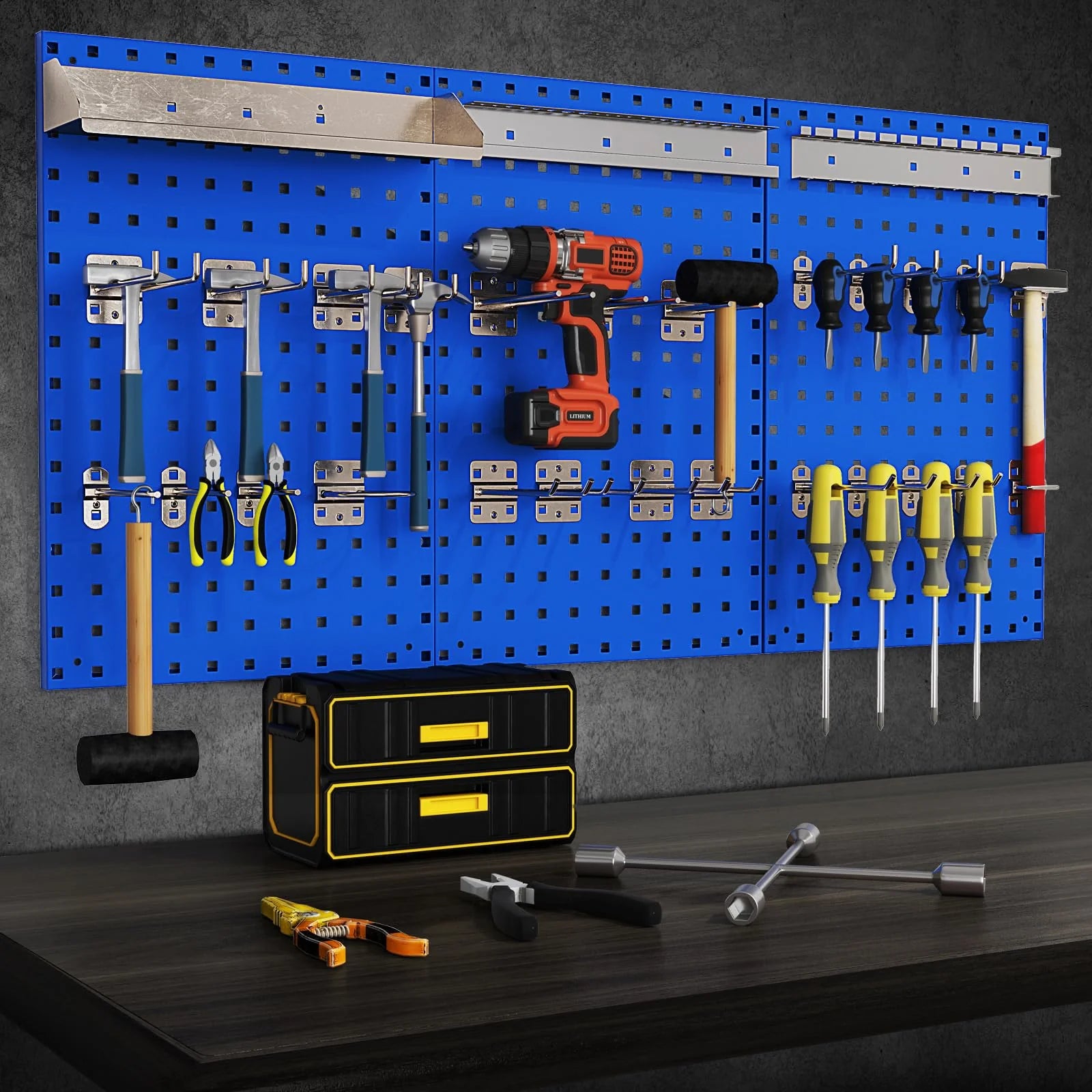 3 Pcs Metal Pegboard Panels w/25 Hooks, Storage Platform & Square Hole, Heavy Duty Pegboard Wall Organizer - Product image 11
