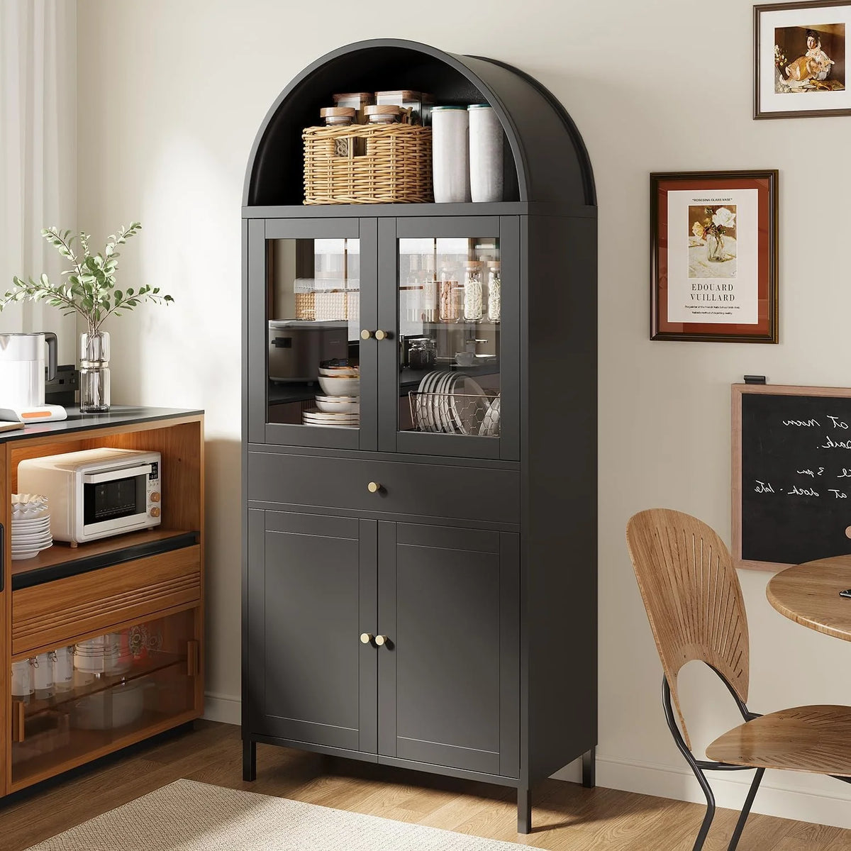 AECOJOY 73'' Kitchen Pantry, Metal Arched Storage Cabinet with Glass Doors/Adjustable Shelfs/Drawer - Product image 2
