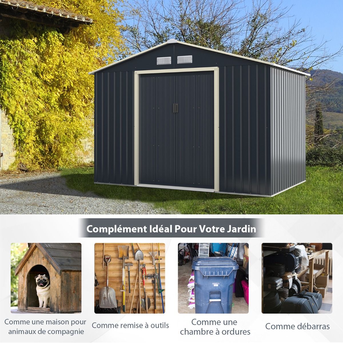 Metal Garden Shed 5.29 77 x 191 x 202 cm with 2 Lockable Sliding Doors 4 Ventilation Holes Gray for Bicycle -