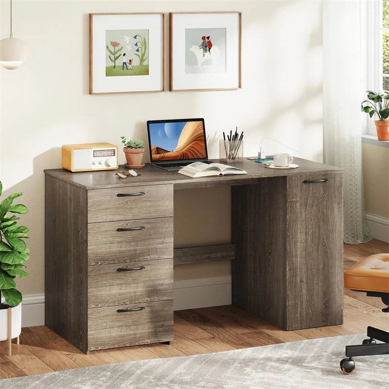 53" Computer Desk with 4 Storage Drawers & Cabinet, Home Office Desk w/ Charging Station - Product image 12