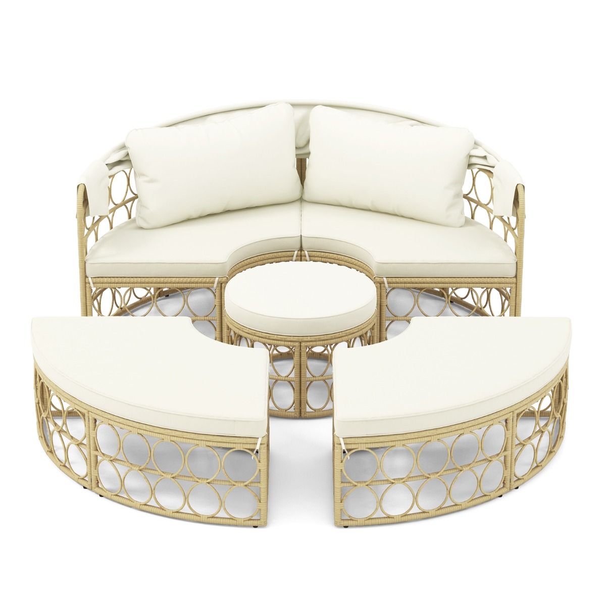 Round Patio Daybed with Retractable Canopy PE Rattan Separate Sectional Seating Set with Soft Cushions White -