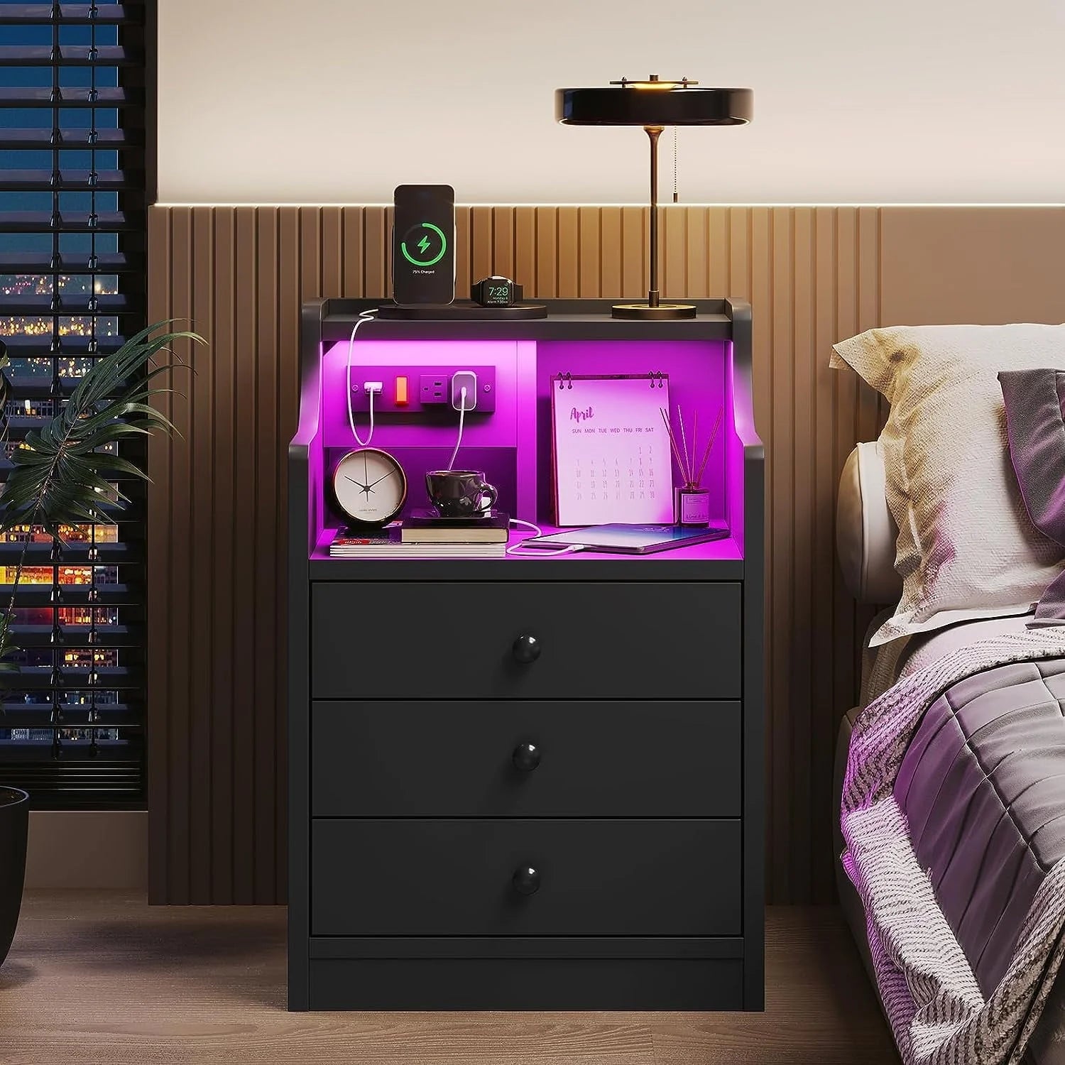 Nightstand with 3 Drawers and Shelves, Night Stand with LED Lights and USB Port Charging Station - Product image 10