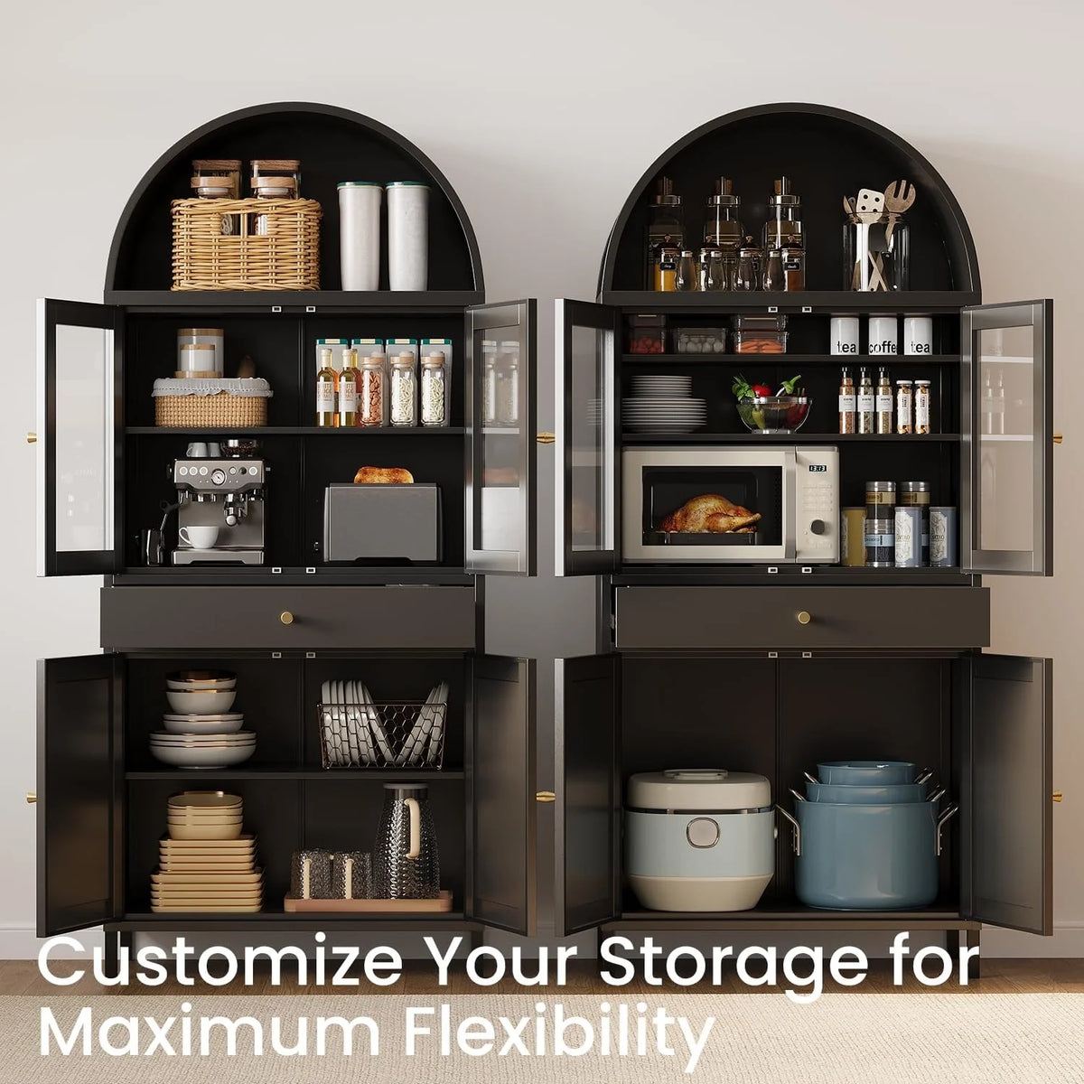 AECOJOY 73'' Kitchen Pantry, Metal Arched Storage Cabinet with Glass Doors/Adjustable Shelfs/Drawer - Product image 4