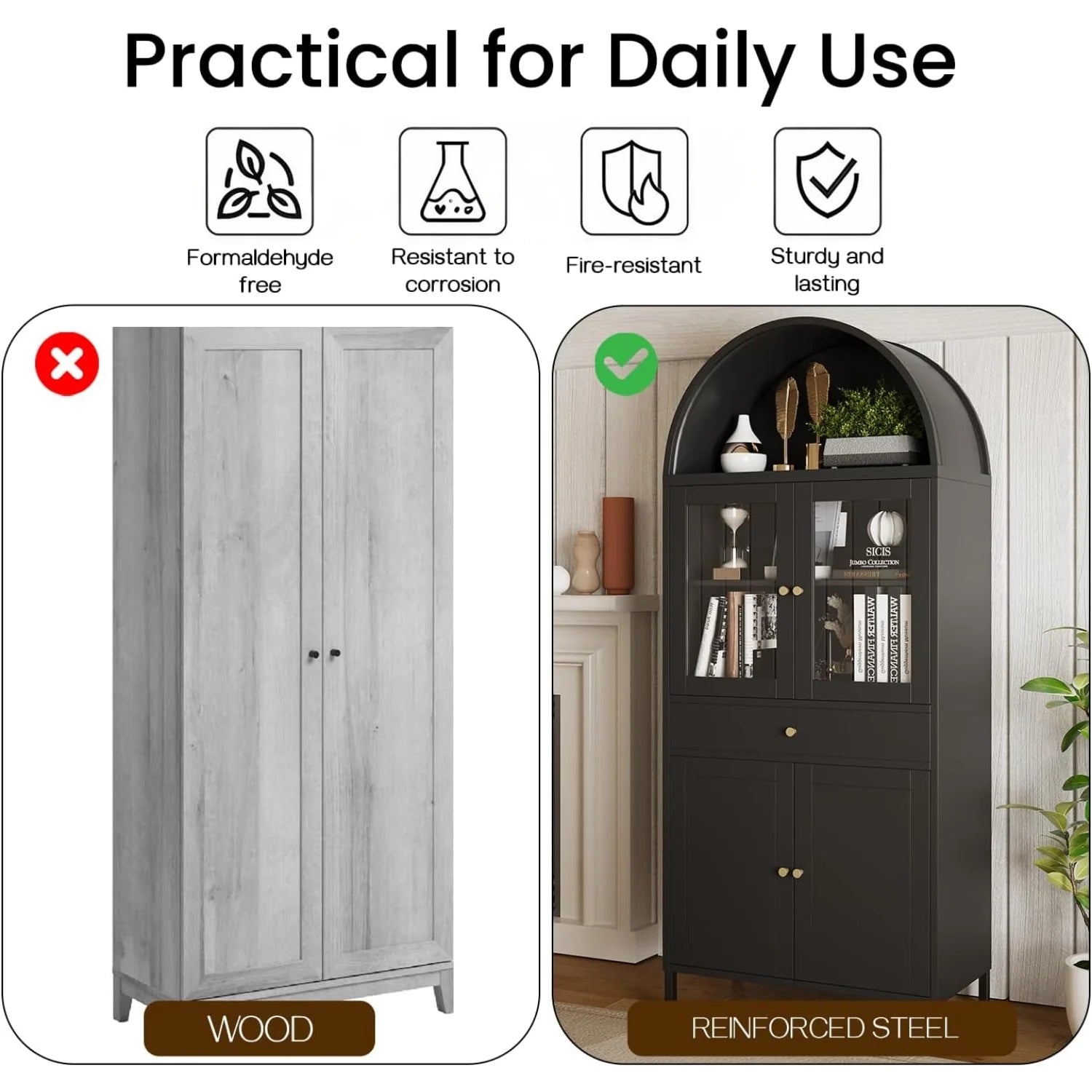 AECOJOY 73'' Kitchen Pantry, Metal Arched Storage Cabinet with Glass Doors/Adjustable Shelfs/Drawer - Product image 6