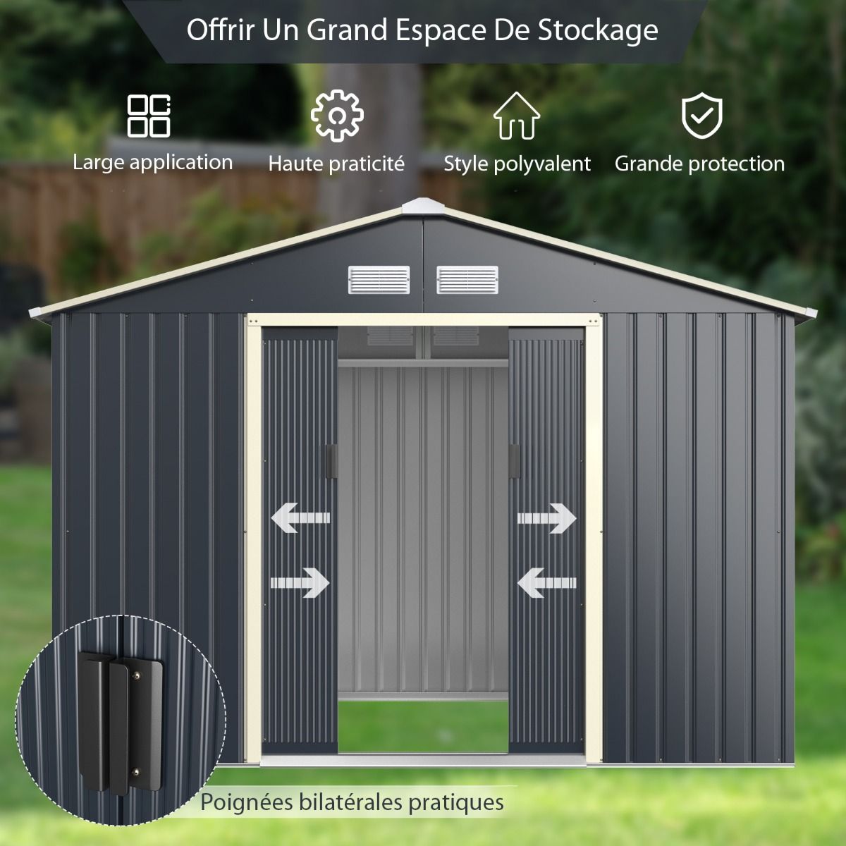 Metal Garden Shed 5.29 77 x 191 x 202 cm with 2 Lockable Sliding Doors 4 Ventilation Holes Gray for Bicycle -