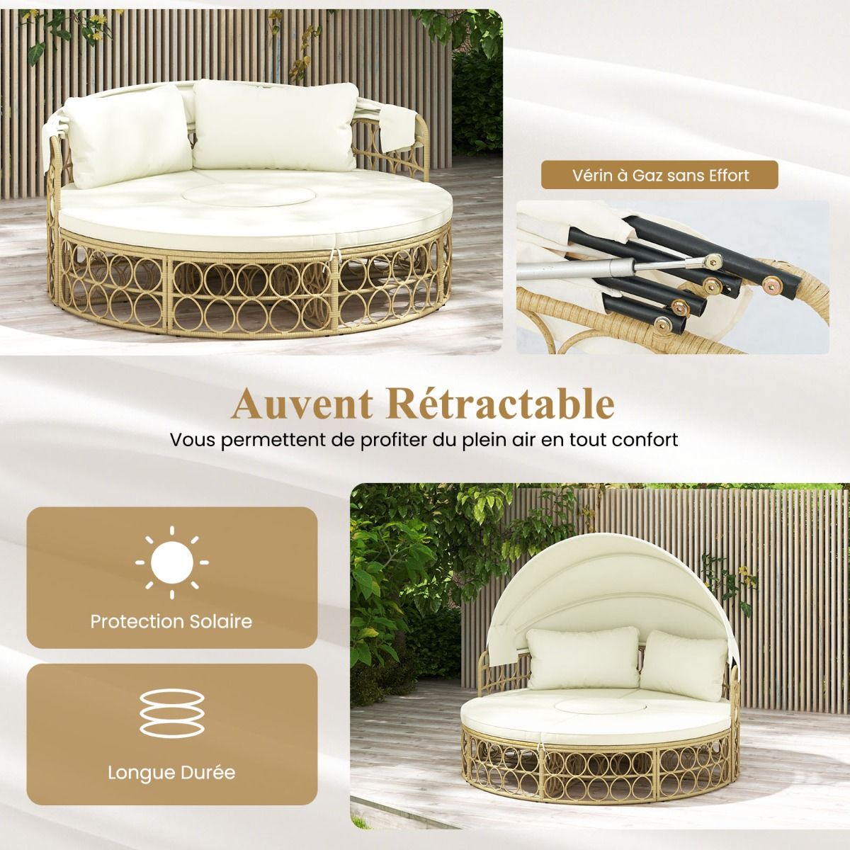 Round Patio Daybed with Retractable Canopy PE Rattan Separate Sectional Seating Set with Soft Cushions White -