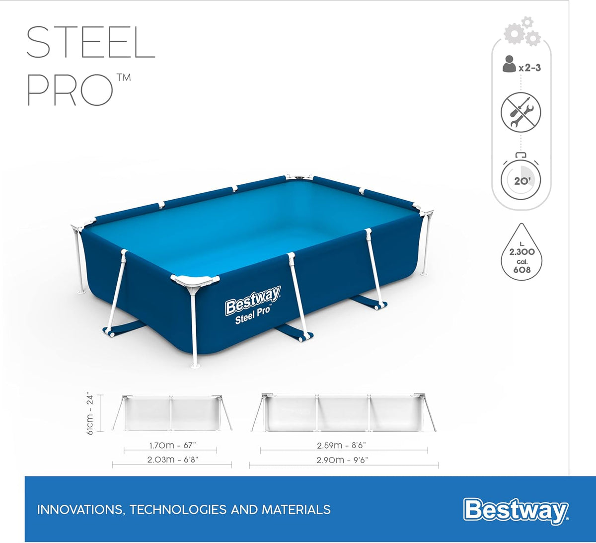 Steel Pro Rectangular Above Ground Swimming Pool 2.59 m x 1.70 m x 61 cm, Blue