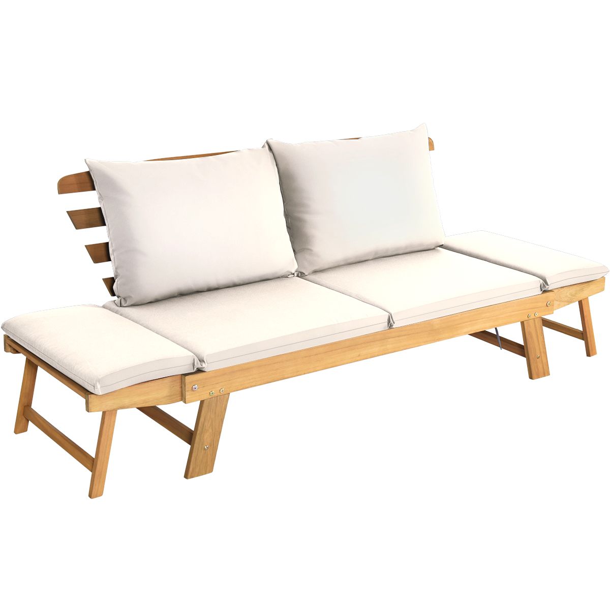 Convertible Deck Chair with Cushion 2 in 1 Acacia Wood Garden Sofa with Adjustable Armrest for Patio Swimming Pool Garden White/Grey/Blue/Red -
