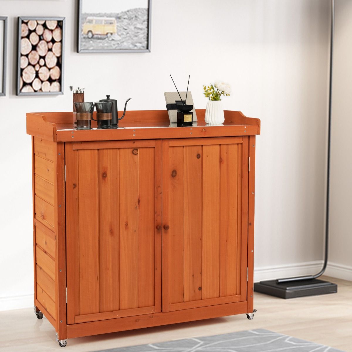 Costwy Garden Storage Wooden Cabinet Gardening Table with Removable Shelf 4 Universal Wheels Galvanized Steel Top -