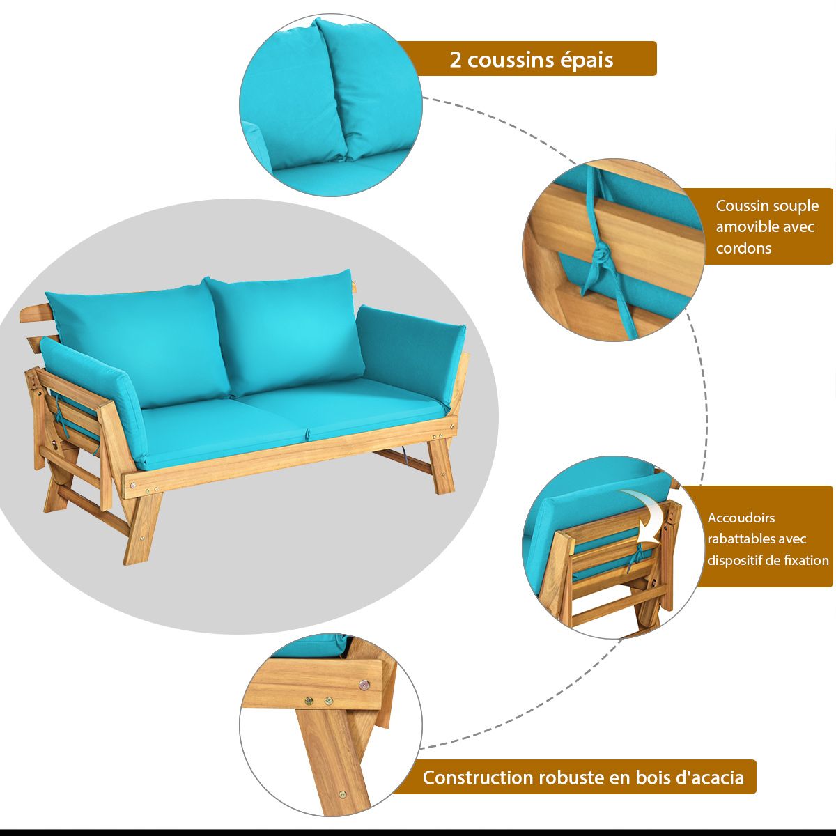 Convertible Deck Chair with Cushion 2 in 1 Acacia Wood Garden Sofa with Adjustable Armrest for Patio Swimming Pool Garden White/Grey/Blue/Red -