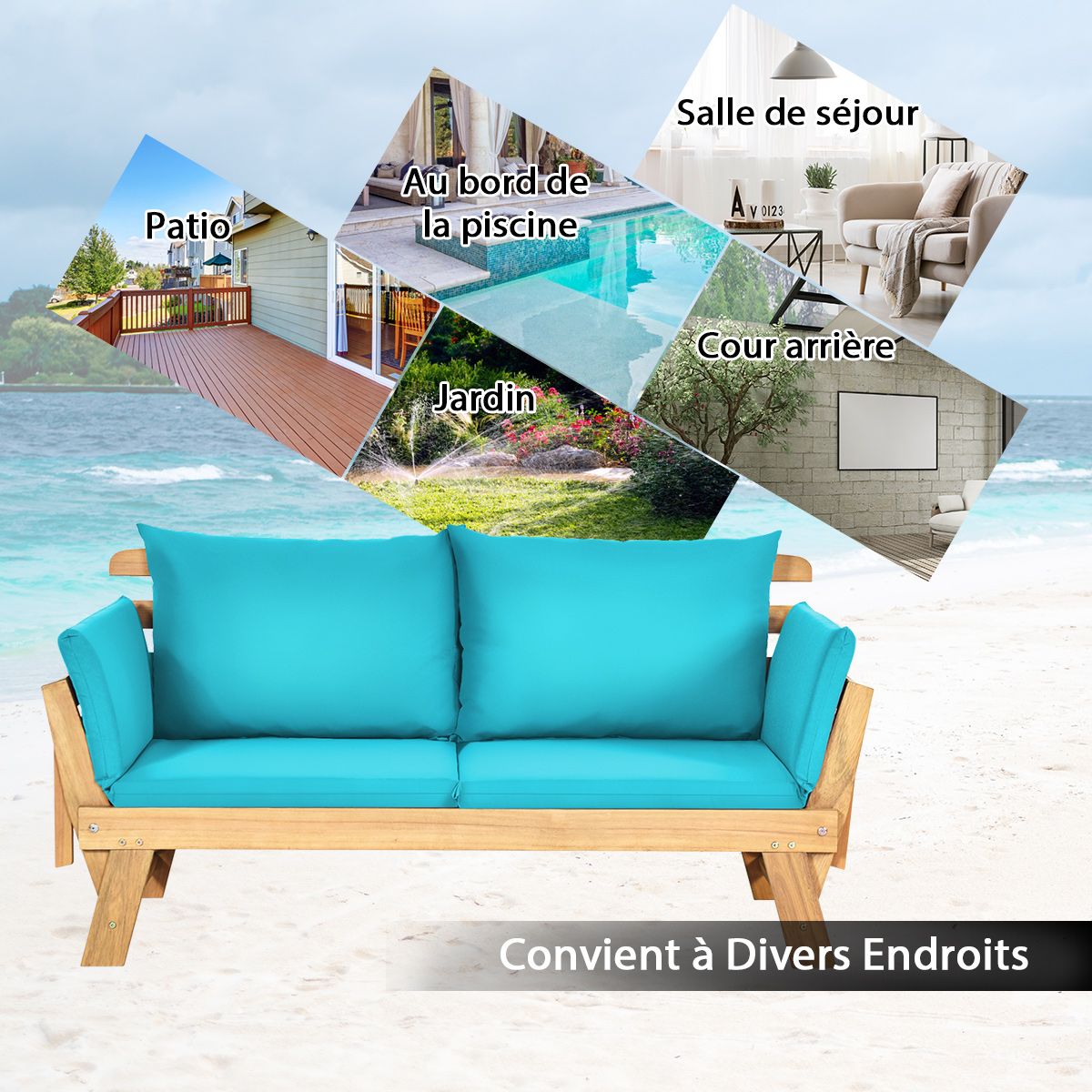 Convertible Deck Chair with Cushion 2 in 1 Acacia Wood Garden Sofa with Adjustable Armrest for Patio Swimming Pool Garden White/Grey/Blue/Red -