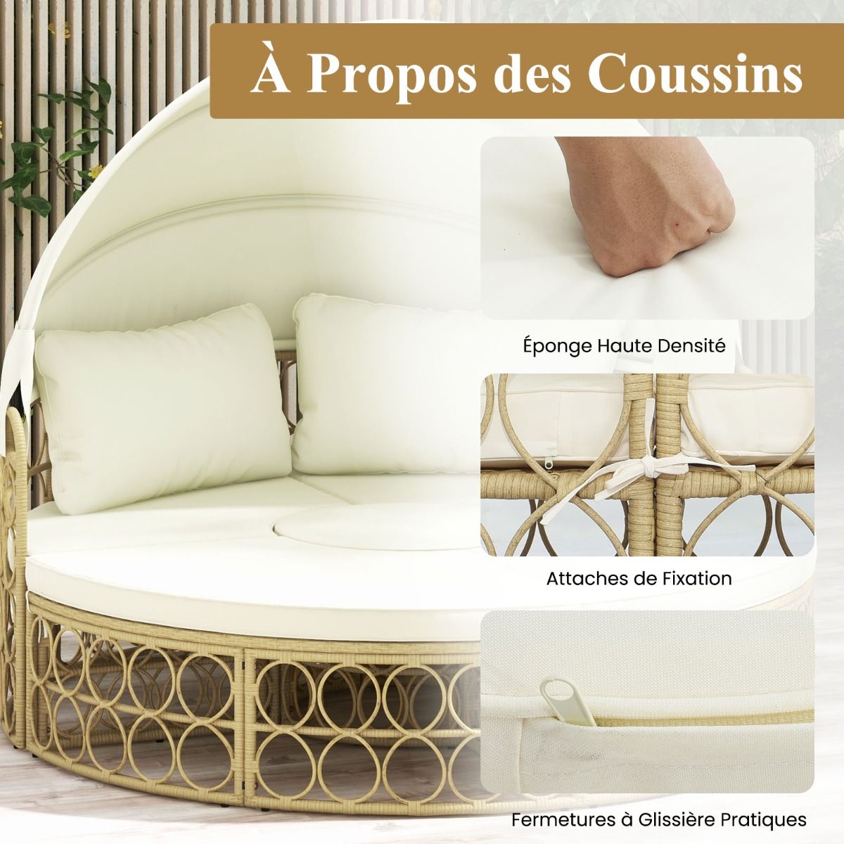 Round Patio Daybed with Retractable Canopy PE Rattan Separate Sectional Seating Set with Soft Cushions White -