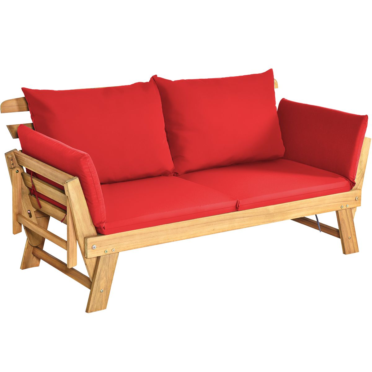 Convertible Deck Chair with Cushion 2 in 1 Acacia Wood Garden Sofa with Adjustable Armrest for Patio Swimming Pool Garden White/Grey/Blue/Red -